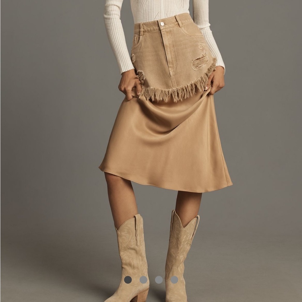 Anthropologie Pilcro Twofer Slip Midi Skirt Sand Tan Denim Cotton Western 12 NEW